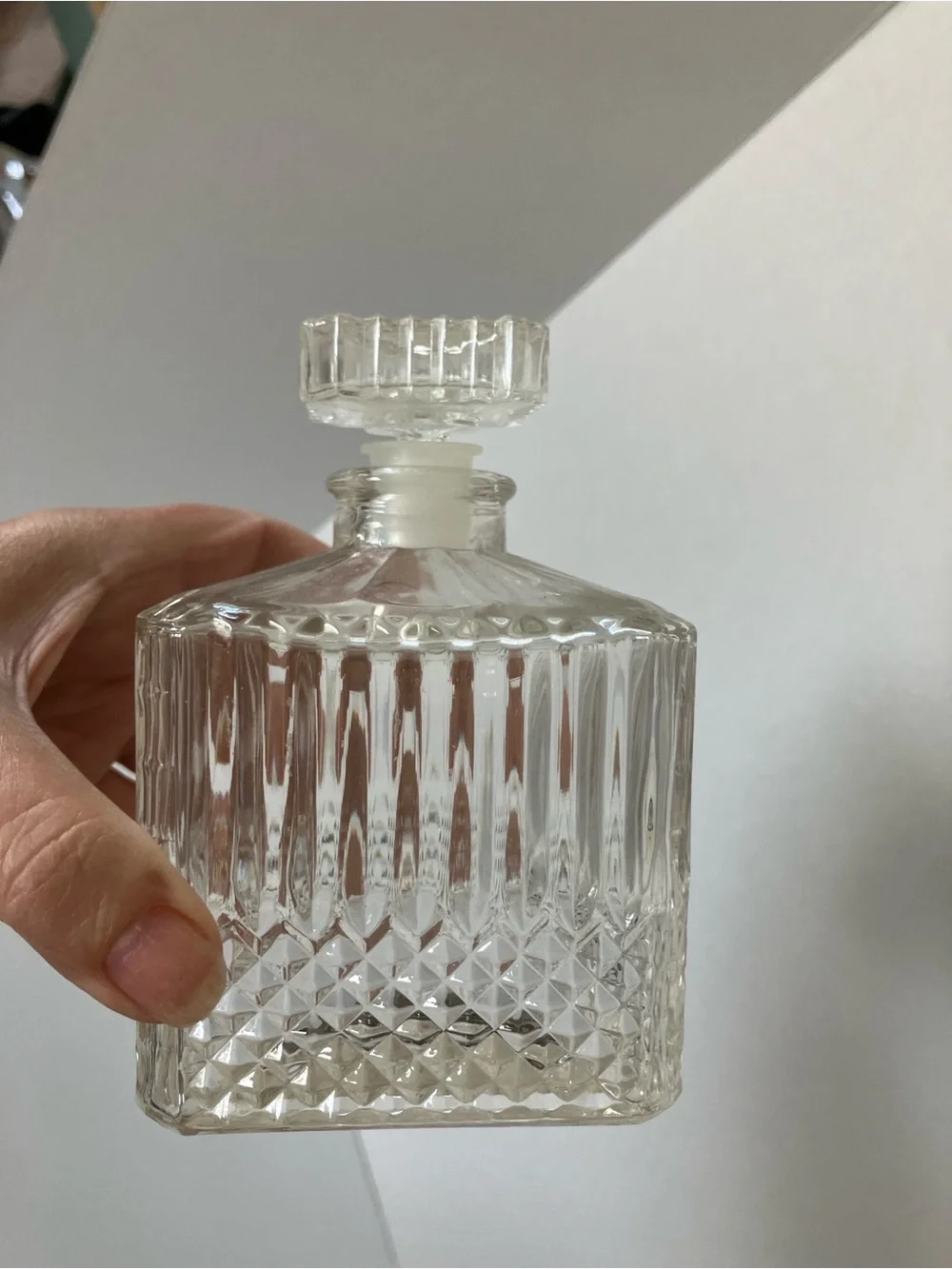 Vintage MCM Clear Glass Square Decanter with Cut Pattern